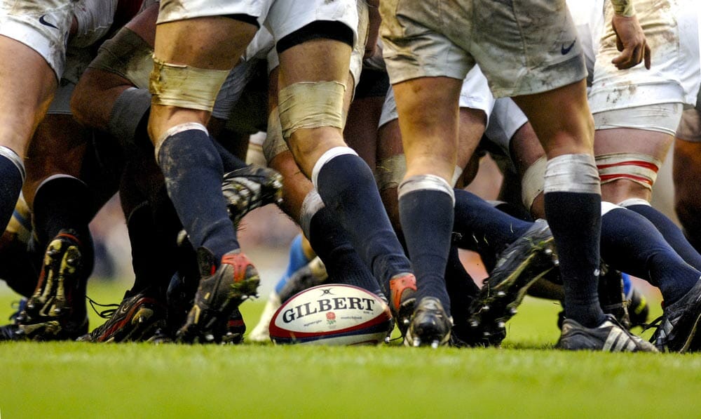 Rugby players scrum during the Six Nations Tournament match England vs Italy.
