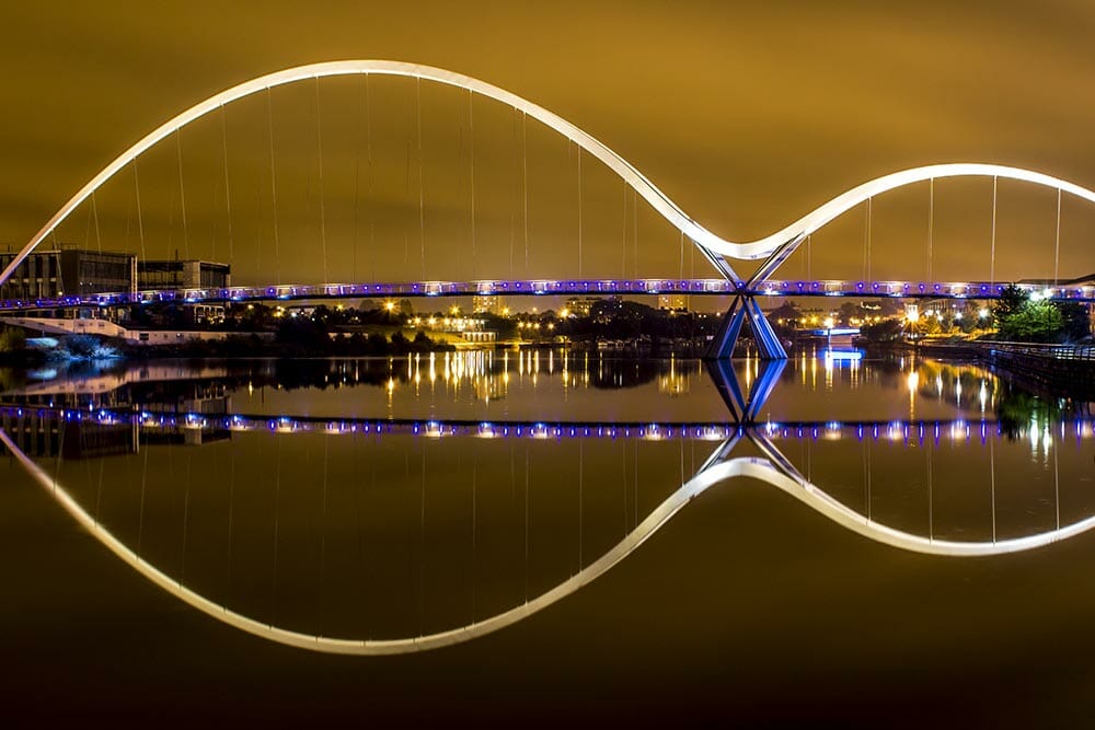 reflection of a bridge over water
