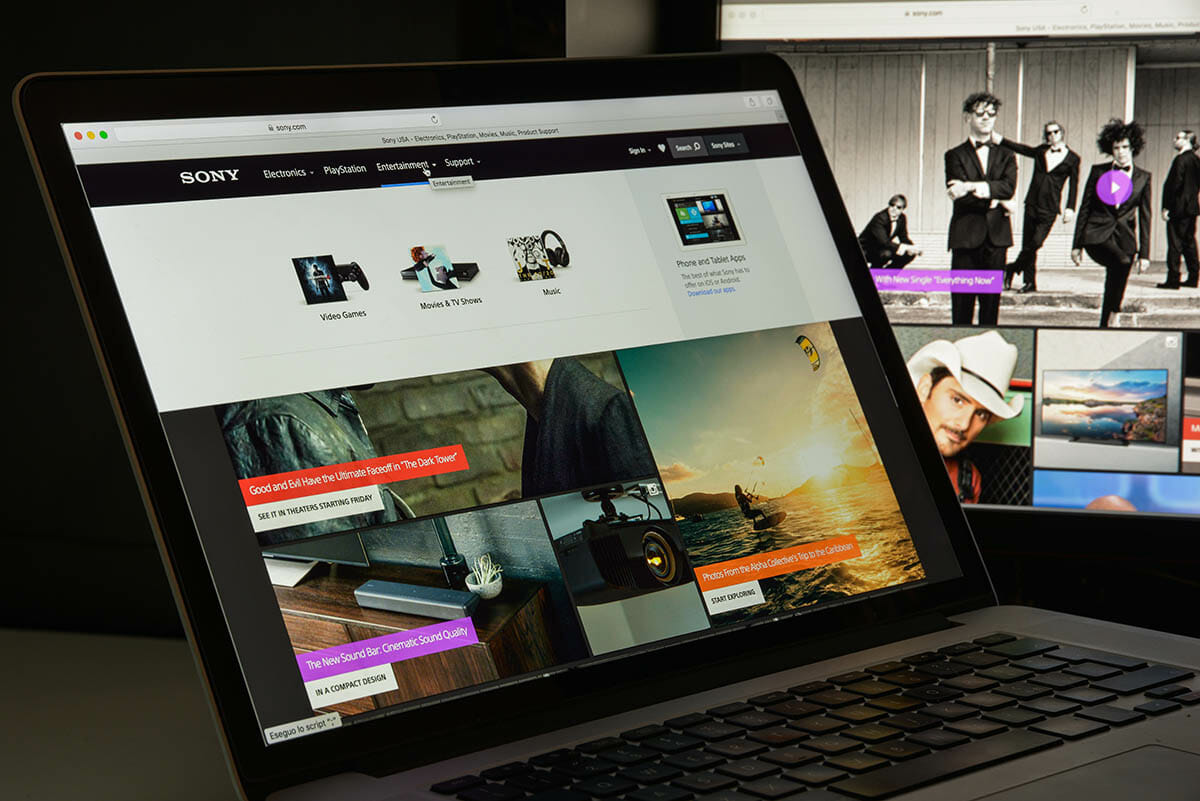 Milan, Italy - August 10, 2017: Sony website homepage. It is a Japanese multinational conglomerate corporation. Sony logo visible.