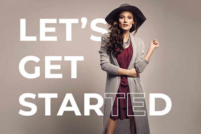 Lady with a hat stood in front of text reading let's get started