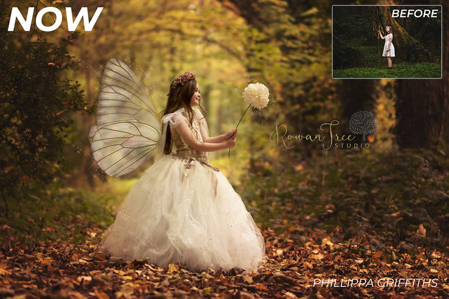 child fairy holding a flower in a forest by Phillippa Griffiths