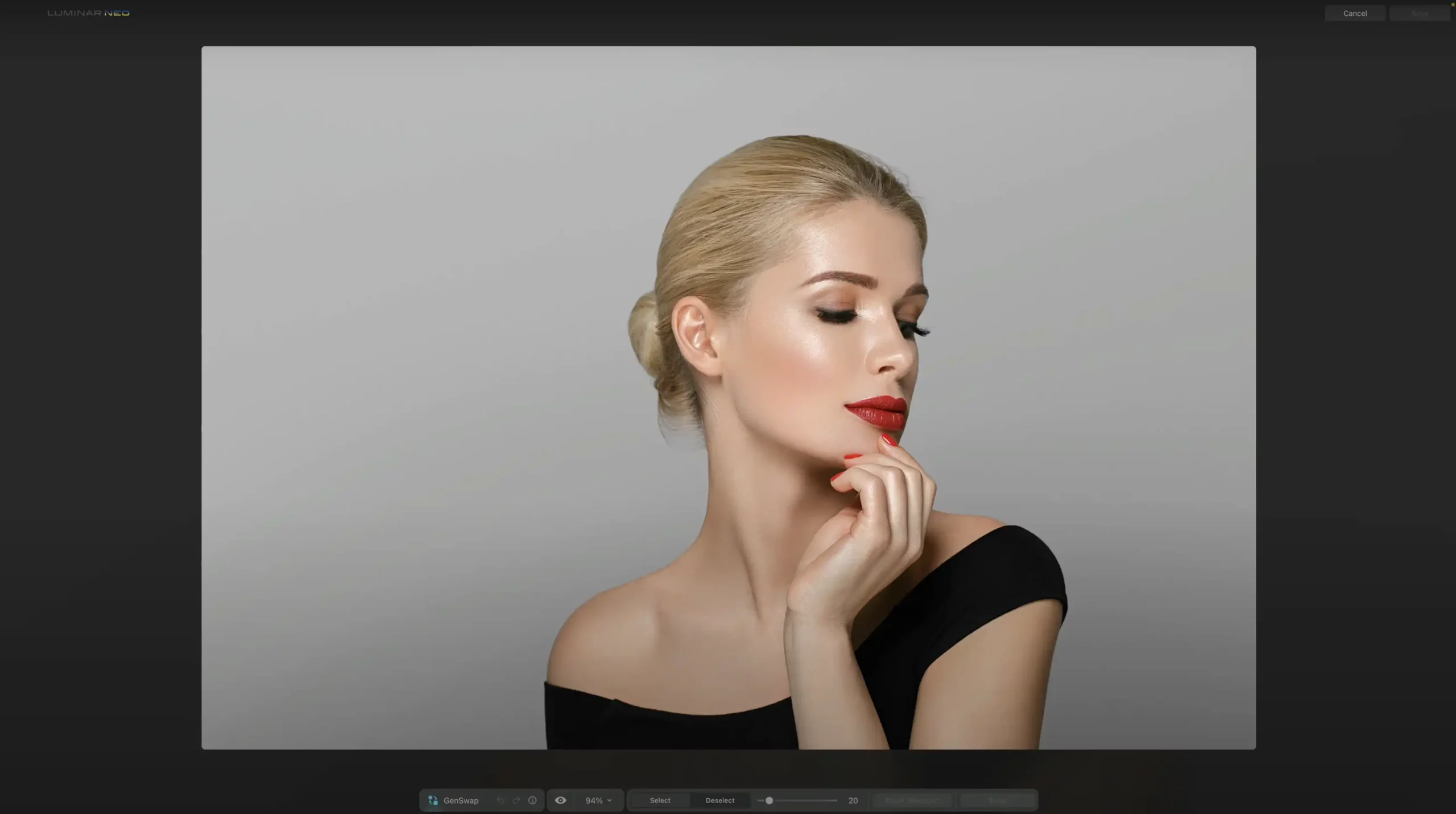 Portrait of a blond female with red lips in a black dress in Luminar Neo