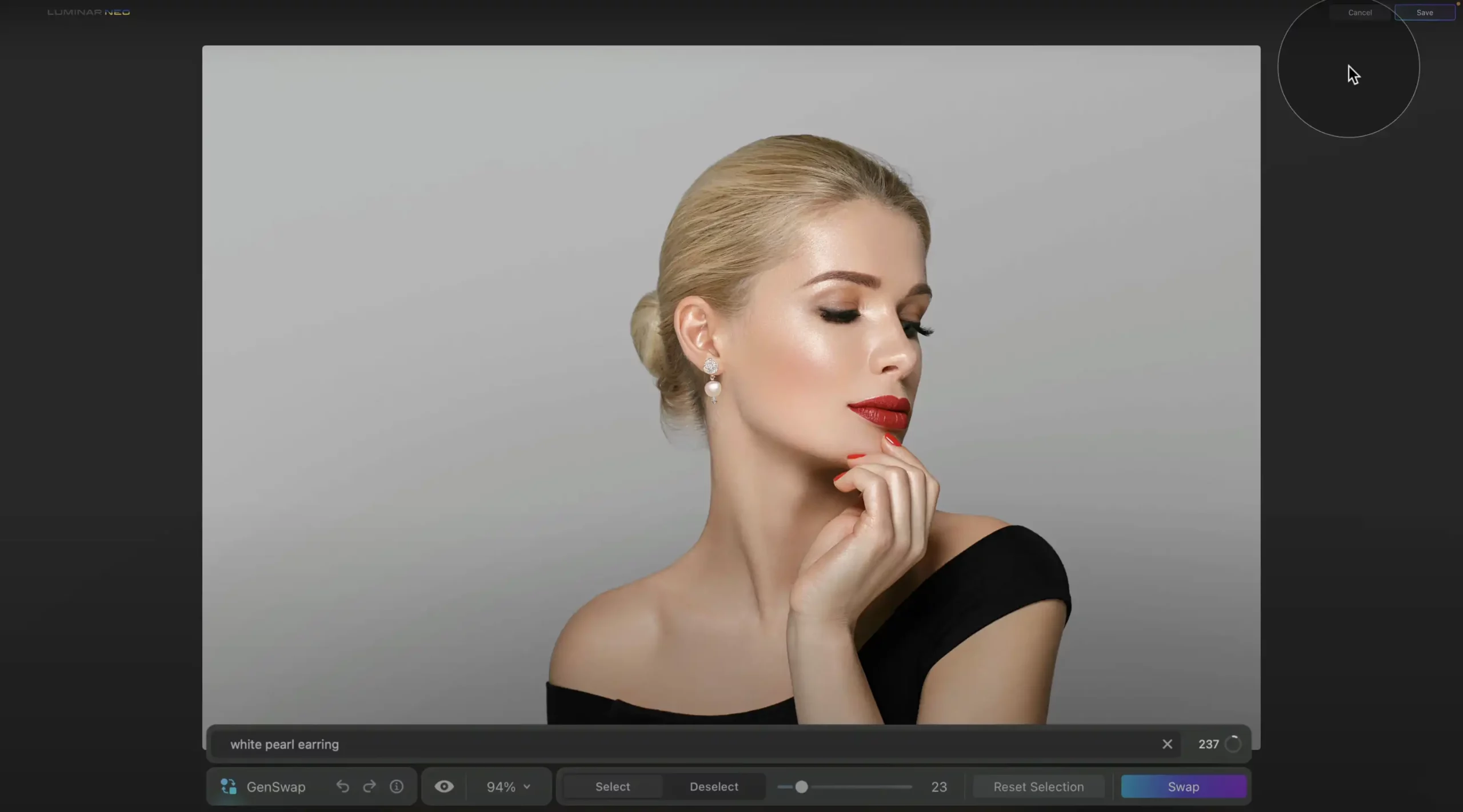 Portrait of a blond female with red lips in a black dress in Luminar Neo