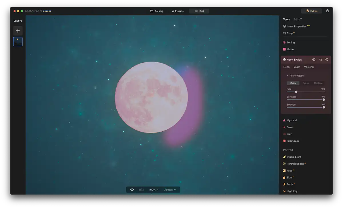 Screenshot of Luminar Neo Neon Glow Effect with a moon