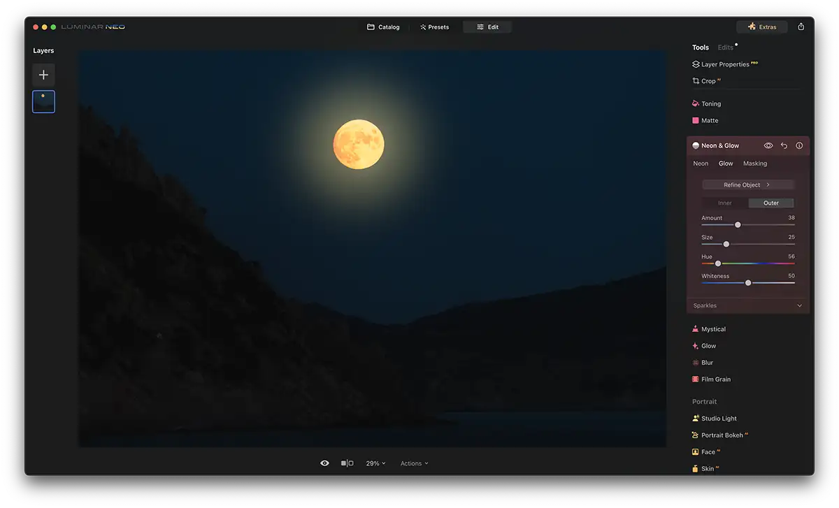 Screenshot of Luminar Neo Neon Glow Effect with a moon