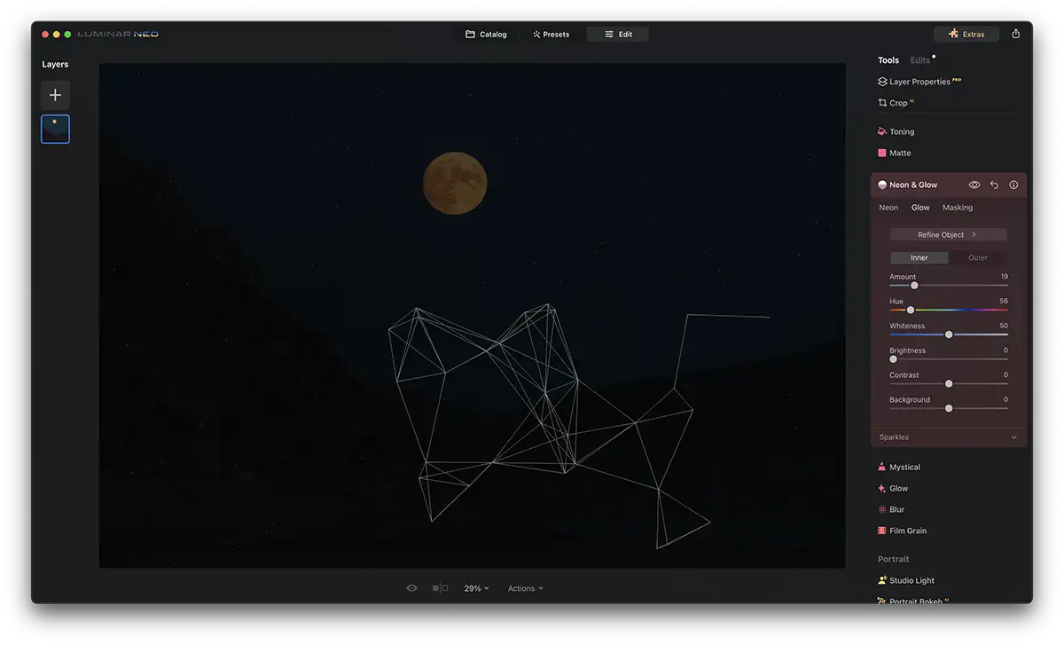 Screenshot of Luminar Neo Neon Glow Effect with a moon