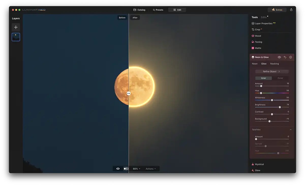 Screenshot of Luminar Neo Neon Glow Effect with a moon
