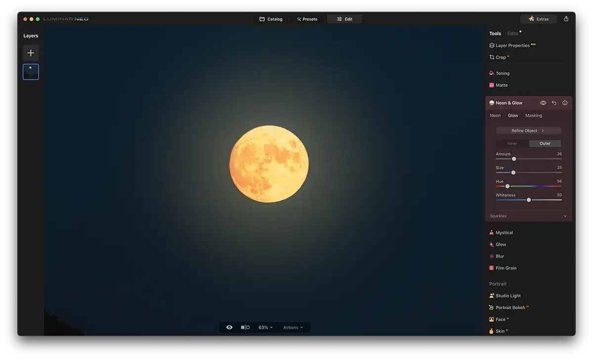Screenshot of Luminar Neo Neon Glow Effect with a moon