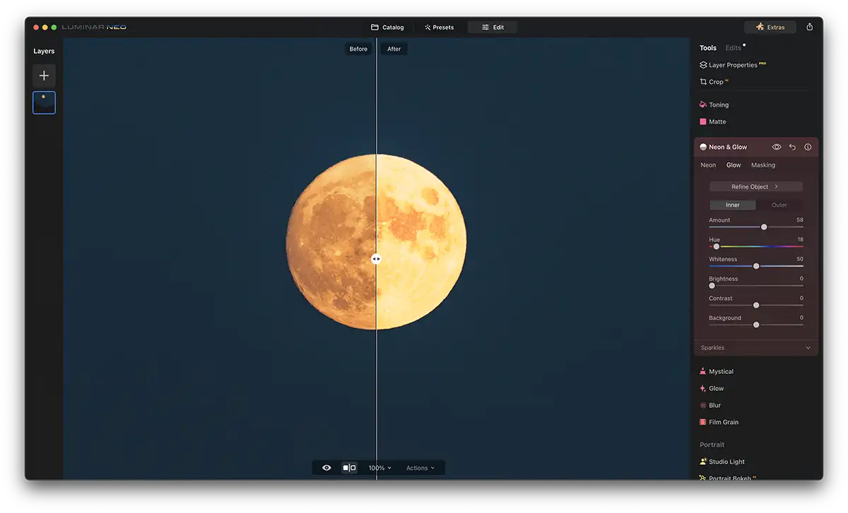 Screenshot of Luminar Neo Neon Glow Effect with a moon