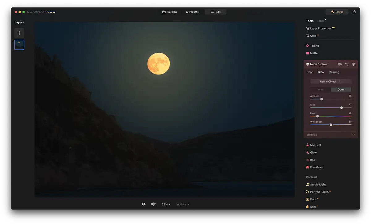 Screenshot of Luminar Neo Neon Glow Effect with a moon
