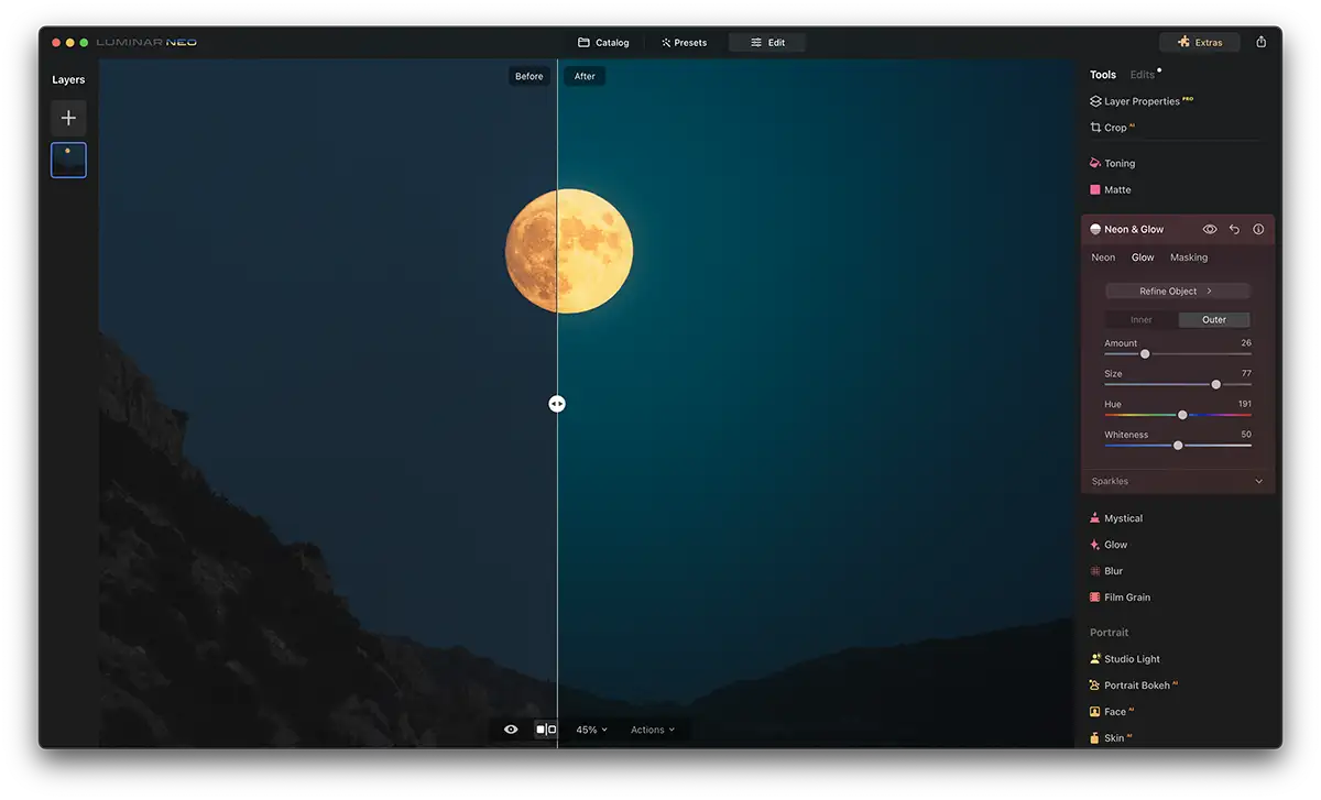 Screenshot of Luminar Neo Neon Glow Effect with a moon