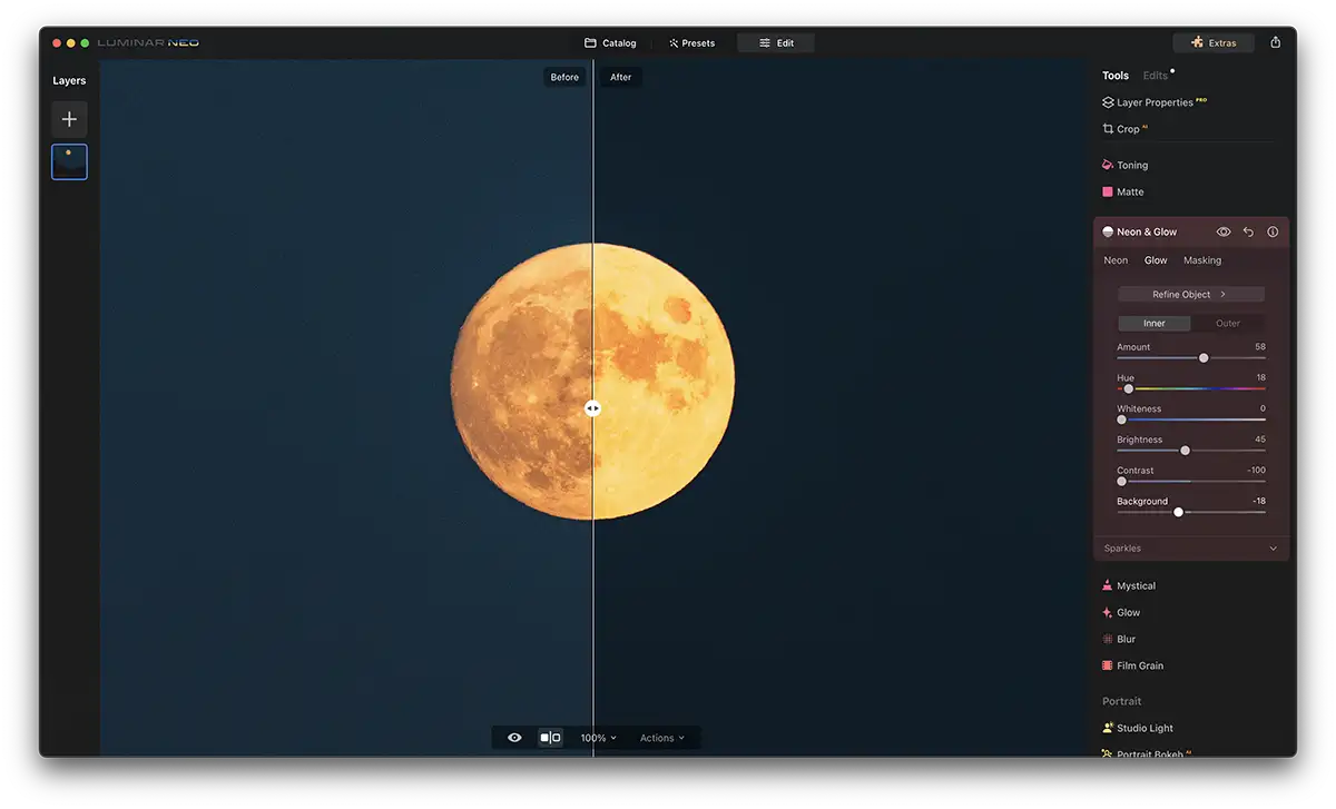 Screenshot of Luminar Neo Neon Glow Effect with a moon