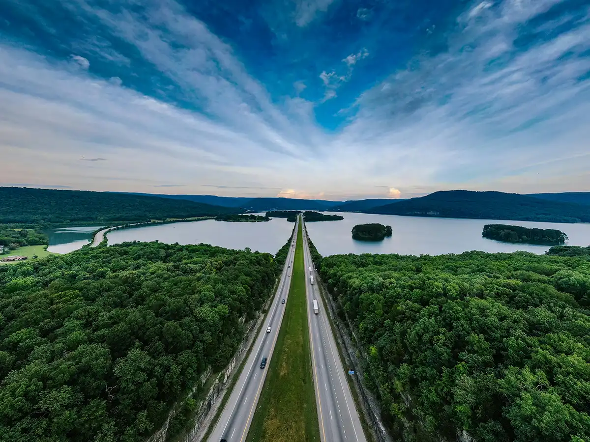 Above highway crossing a lake