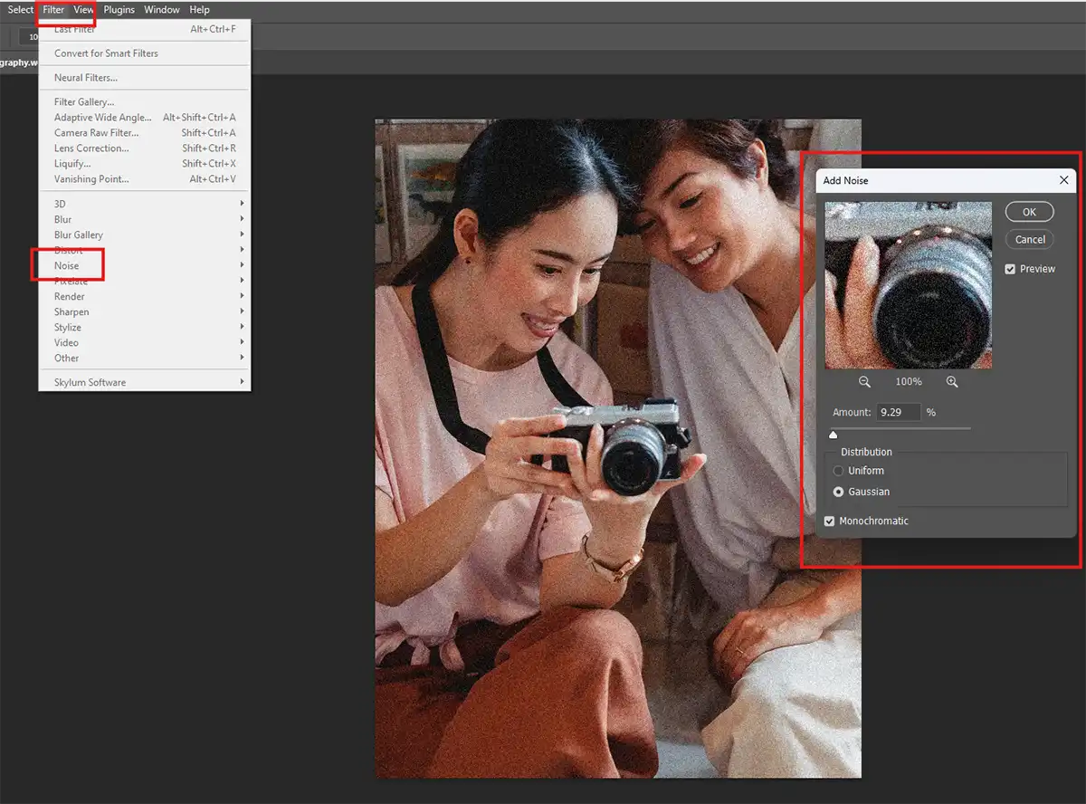 Photo editing software showing a family reviewing images on a camera.