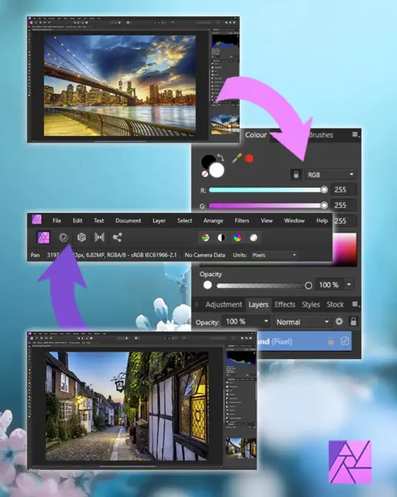 Affinity Photo A screenshot of Affinity Photo Panels with arrows