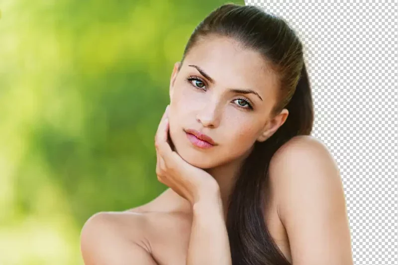 a topless woman in front a partially removed green background