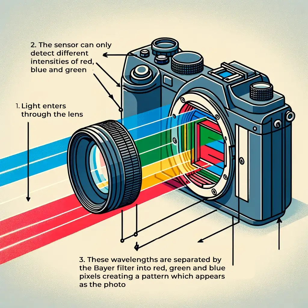 Diagram of how light is converted into a photo