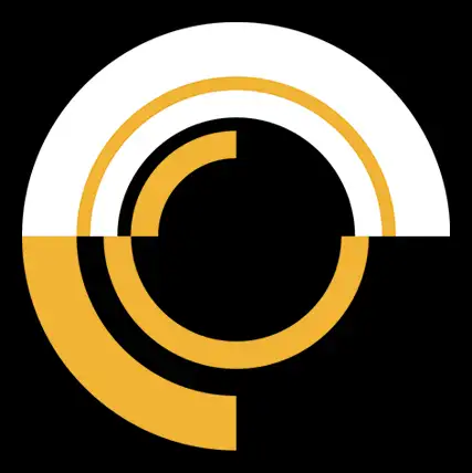 Belfast Exposed Logo. A white half circle overlaid with other incomplete yellow circles on a black background