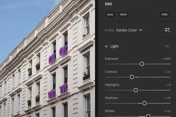 editing panels in Lightroom