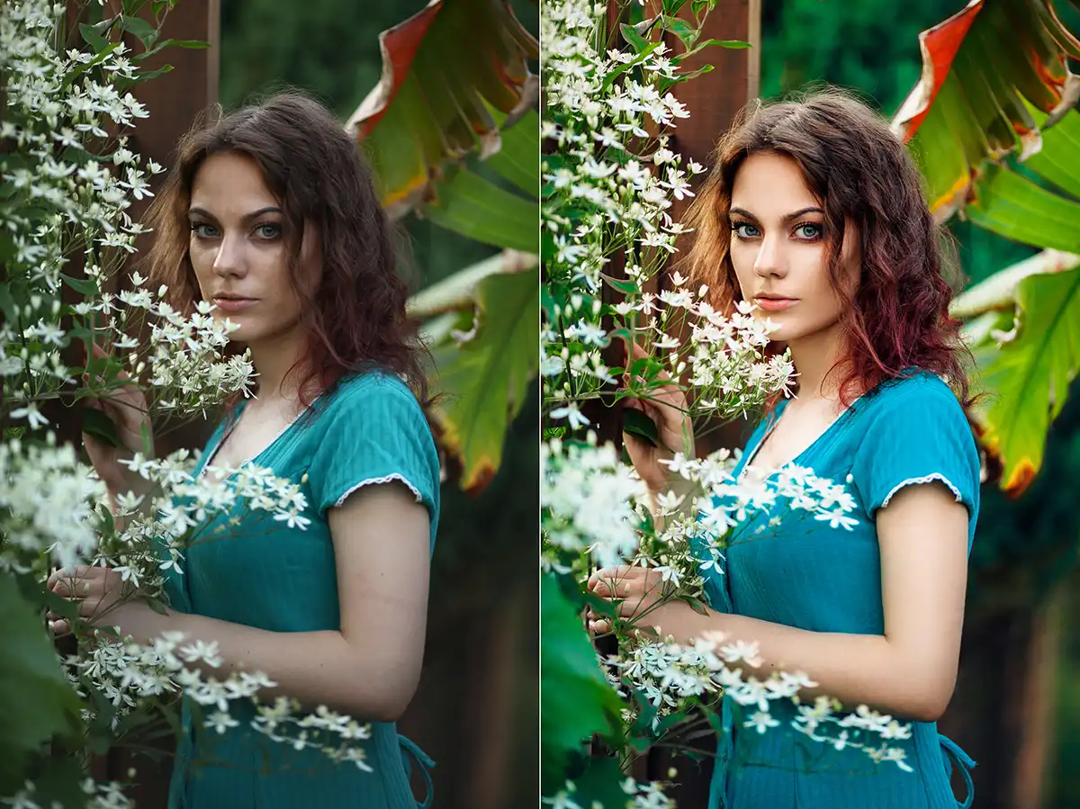 A before and after photo of a portrait of a lady in between two plants wearing a blue dress