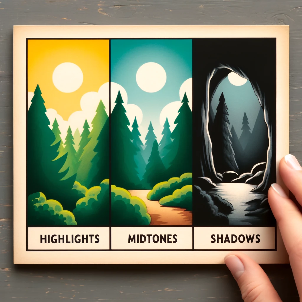 a triptych of a landscape at different times of day with the tags highlights, midtones and shadows underneath