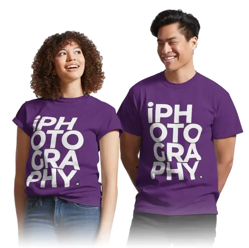 a man and a woman wearing purple iPhotography branded t-shirts