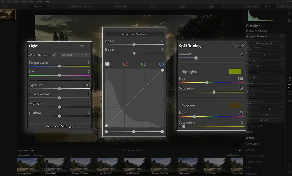 three panels of the luminar neo desktop software