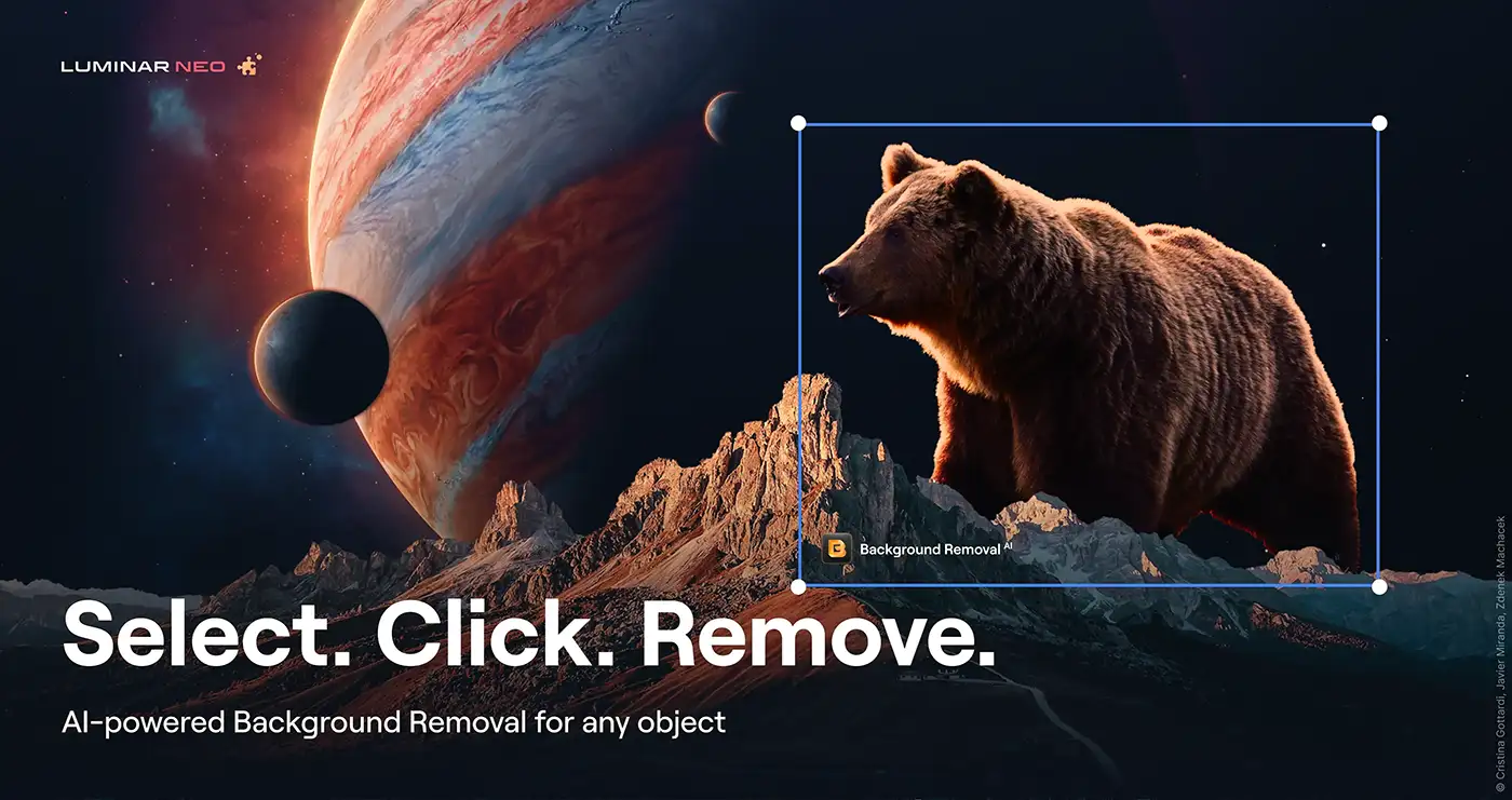 a composite image of brown bear on top of a mountain with planets in the background