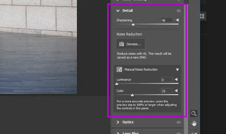 Noise Reduction tool in Lightroom