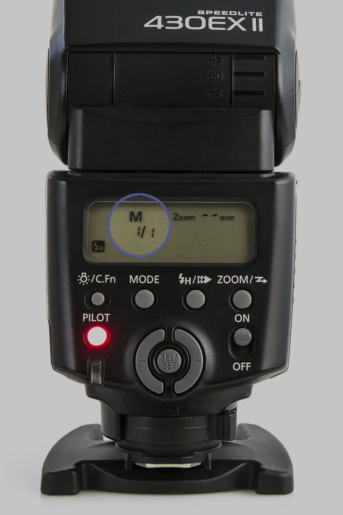 Close up of the back of an off camera flash unit