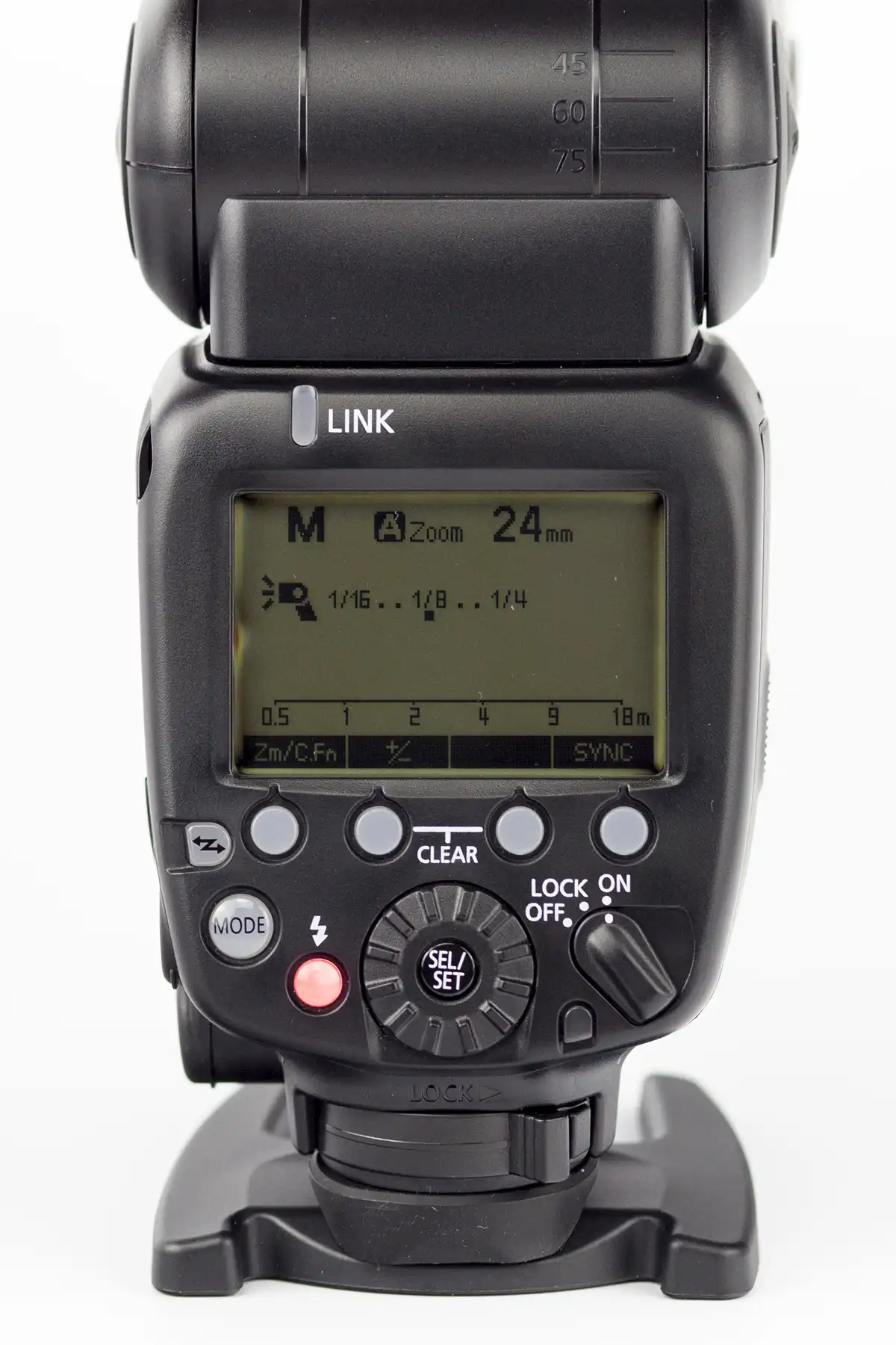 Close up of the back of an off camera flash unit