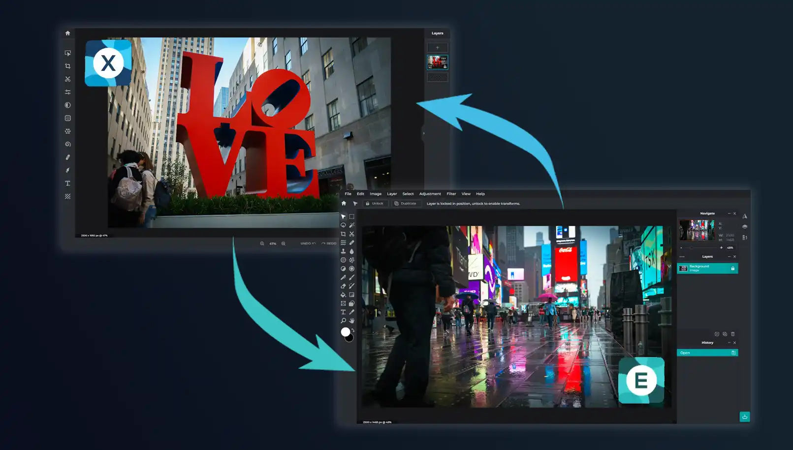Pixlr X and Pixlr E screenshots of the software interface