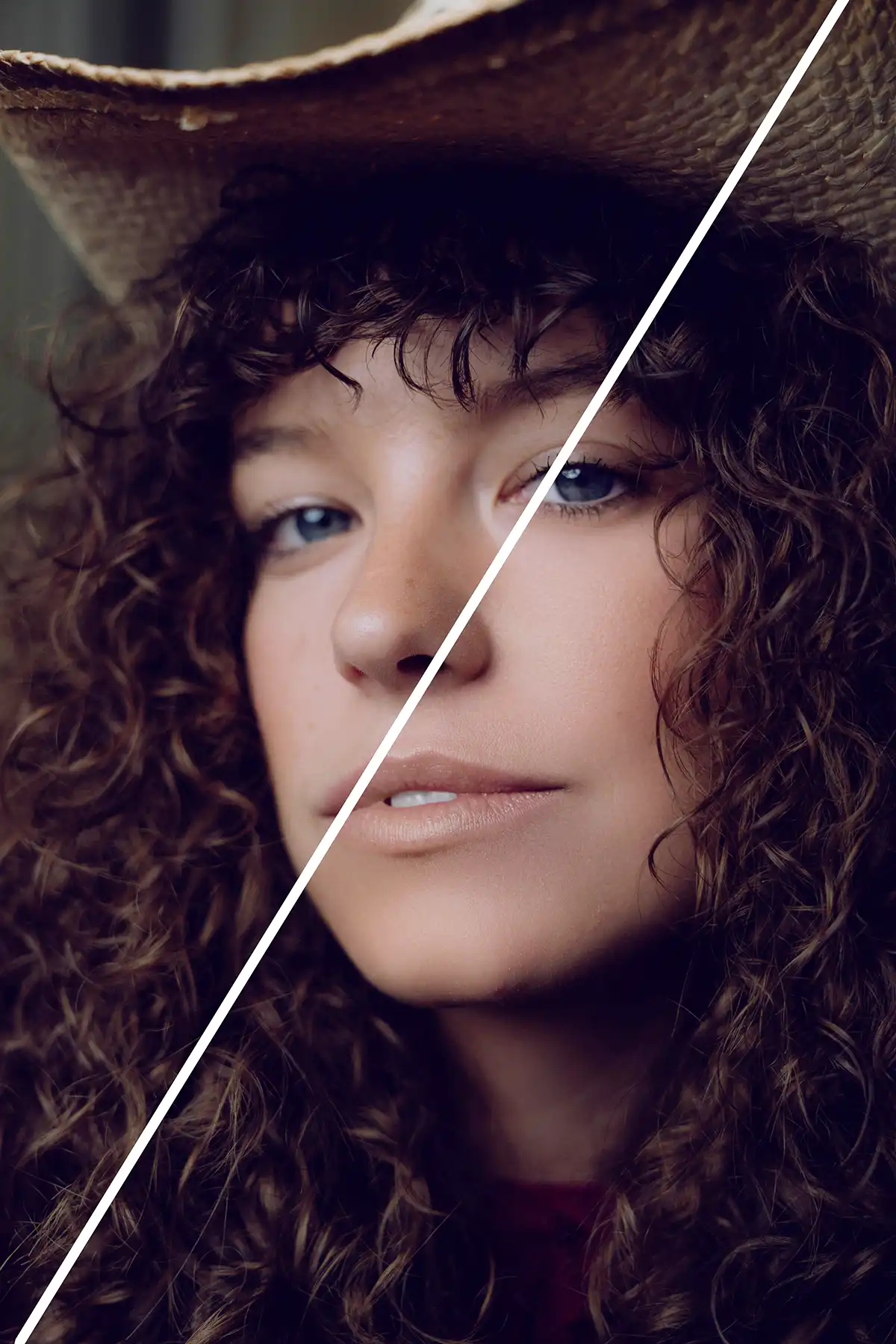 Before and after split screen of a female model wearing a hat showing skin retouching on a photo