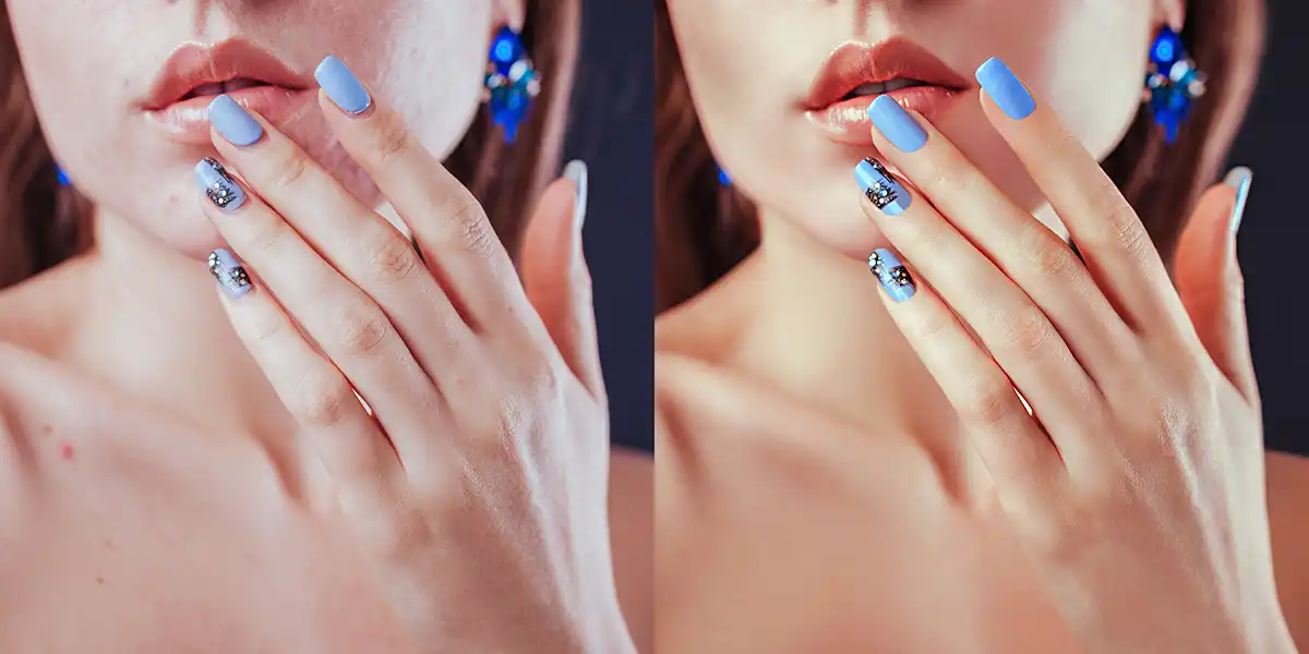 Before and after split screen of a model's hand touching her mouth showing skin retouching on a photo